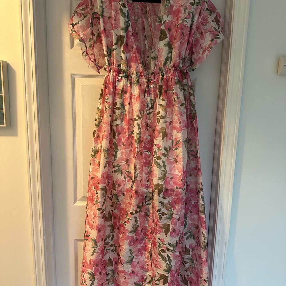 Pink Floral Flutter Sleeve Maxi Dress from Nanamacs